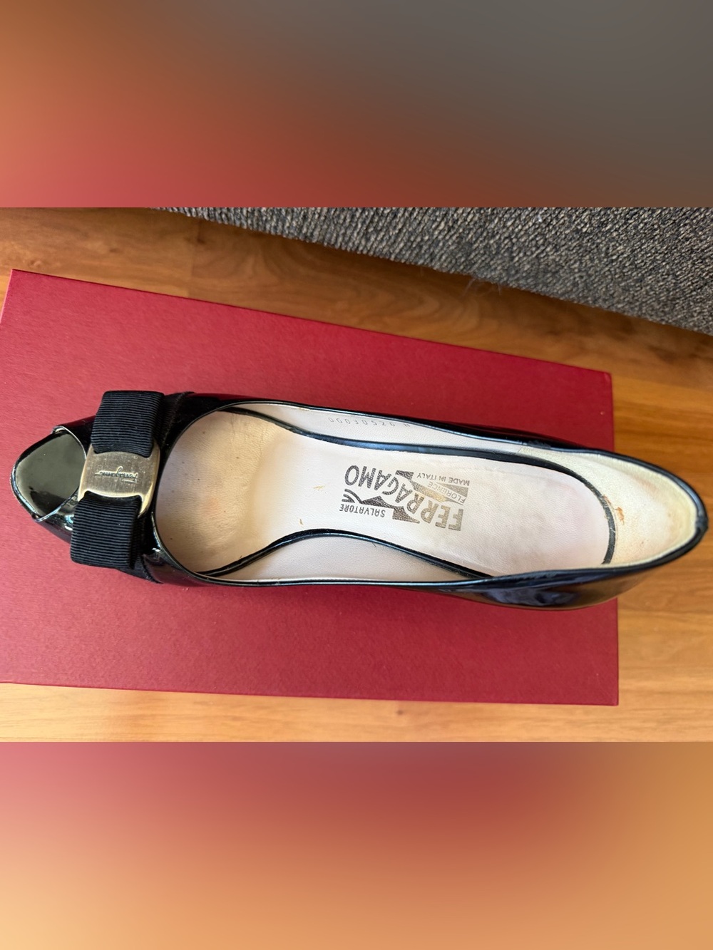 Salvatore Ferragamo Black Patent Peep-Toe Pumps with Bow size 7B - Picture 8 of 16